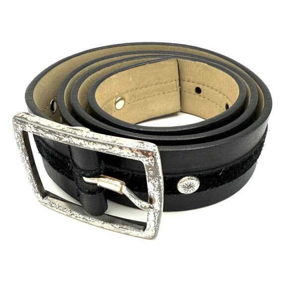 Vintage Ann Taylor Black Leather Belt M Velvet Trim Studs Distressed Buckle Y2K - Picture 4 of 8